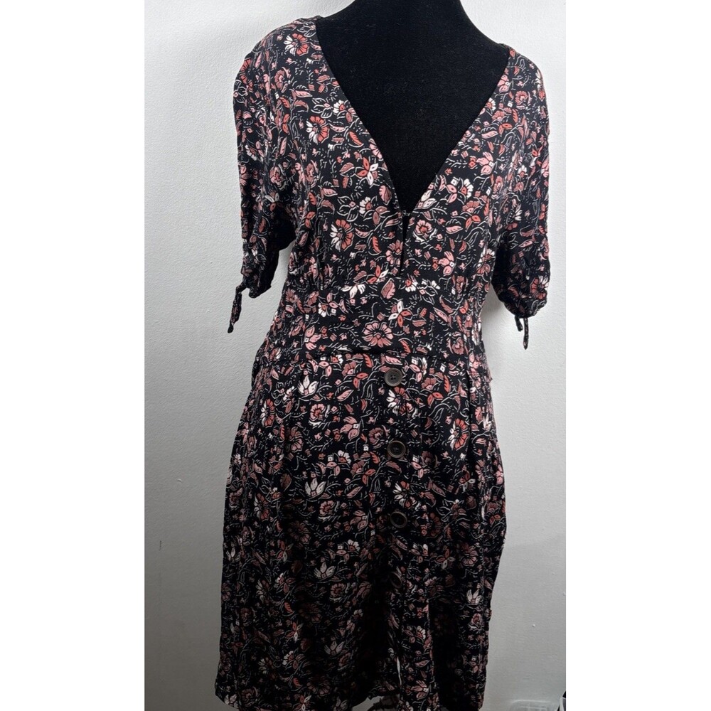 Sanctuary Dress 8 Black Pink Floral Button Front Tie Waist Boho Mini cottagecore